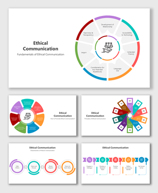 Ethical Communication slides with principles, characteristics, circular diagrams, icons, and vibrant infographics.