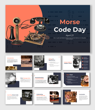 Morse Code Day slide with vintage telegraphs, rotary phones, Morse symbols, historical images, and a modern design.