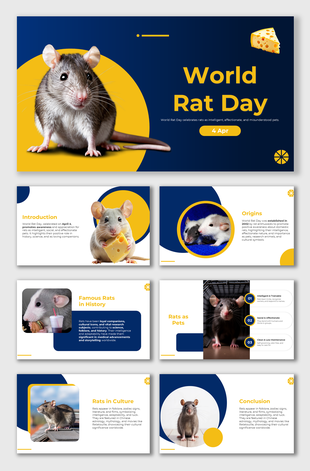 World Rat Day slide with cute rats, blue-yellow theme, cheese icon, historical role, and pet rat awareness content.