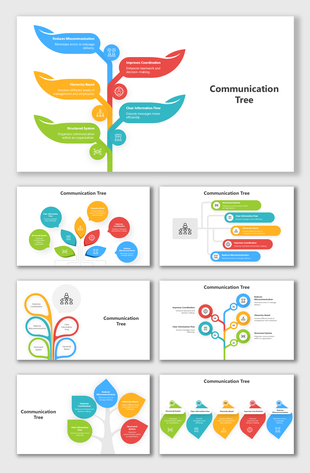 Communication Tree slides with colorful diagrams, structured flow, teamwork, clarity, and organizational models.
