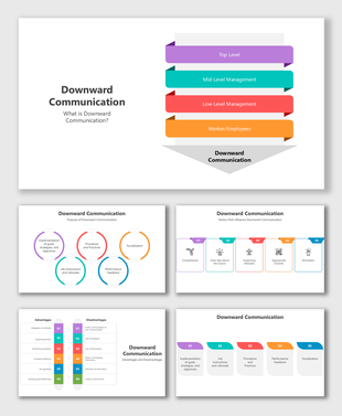 Downward Communication slides with hierarchy flow, key components, advantages, structured visuals, and workplace models.