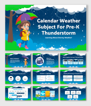 Pre-K thunderstorm slides with weather facts, storm safety, lightning vs. thunder, seasonal charts, and activities.
