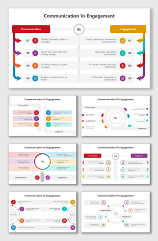 Communication vs. Engagement slides with comparison charts, structured visuals, message flow, teamwork, and strategies.
