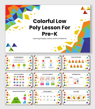 Bright low-poly Pre-K lesson with shapes, colors, counting, sorting, and matching activities for early learning.
