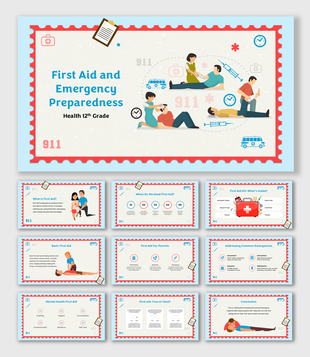 Educational first aid visuals with kit items, emergency steps, CPR, mental health tips, and safety guidance.