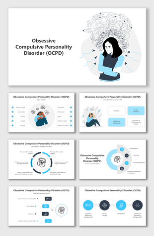 OCPD signs, causes, traits, coping methods, and therapy options shown with icons and visuals in clean layouts.