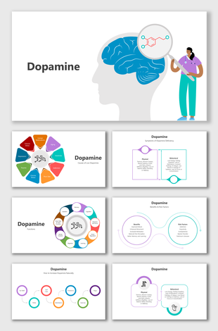 Dopamine infographic slides show brain functions, causes, symptoms, benefits, and natural ways to boost levels.