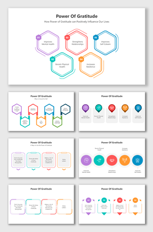 Colorful gratitude infographics showing benefits, steps, mental health, relationships, and emotional wellness.
