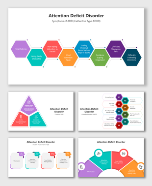 ADD visuals show symptoms, causes, complications, and treatments using colorful charts, icons, and labeled diagrams.
