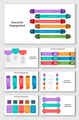 Executive engagement visuals with strategy steps, communication methods, leadership goals, metrics, and tactics.