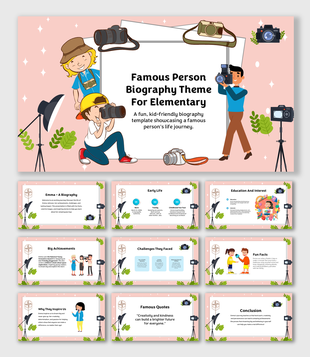 Fun biography slides for kids with cartoons, photo props, early life, achievements, and inspiring famous quotes.