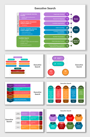 Executive search visuals showing hiring strategy, candidate sourcing, evaluation steps, team roles, and workflow.