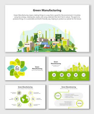 Green manufacturing slides with eco factories, icons, strategies, benefits, and sustainable visuals throughout.