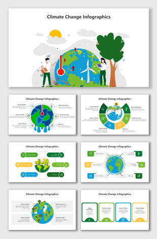 Climate change infographics with Earth visuals, icons, weather effects, temperature rise, and global impact diagrams.