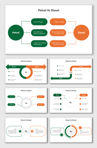 Comparison infographics highlighting petrol vs diesel features: cost, mileage, acceleration, torque, and servicing.