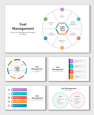 Fuel Management slides with colorful wheels, banners, steps, Venn charts, and text holders for strategies.