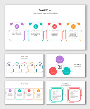 Impact of Fossil Fuel slides with colorful steps, cycle arrows, round icons, flowcharts, and text boxes on effects.