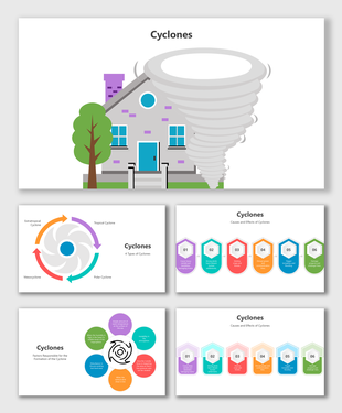 Cyclones slides with house-tornado graphic, colorful arrows, circular flows, step badges, and icons showing causes.