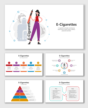 E Cigarettes slides with vaping woman, colorful steps, circle flows, pyramid myths, and pros-cons diagrams explaining facts.