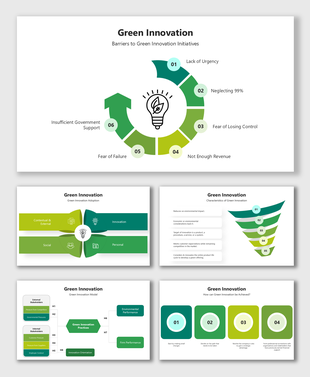 Green Innovation slides with circular arrows, funnel diagrams, block models, and colorful placeholders for content flow.