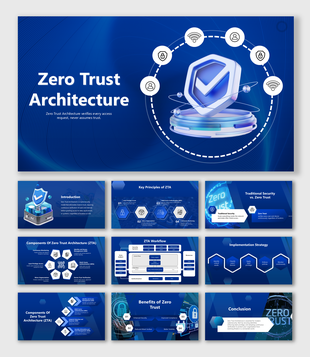 ZTA slides with blue shield icons, hexagon flows, workflows, benefits blocks, and security diagrams for zero trust models.