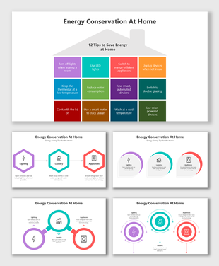 Energy Conservation at Home slides with house layouts, colorful grids, icons, and circular tips for energy-saving ideas.