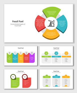 Fossil Fuel slides with circular diagrams, colorful blocks, comparison layouts, and icon-based content placeholders.