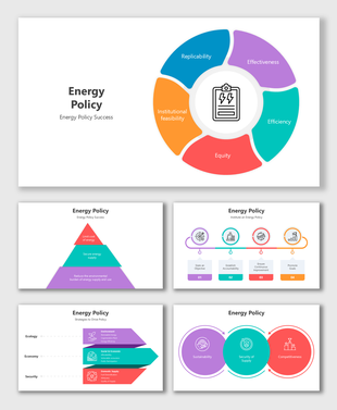 Energy Policy slides with circular diagrams, pyramid charts, flowcharts, and color-coded placeholders for key strategies.