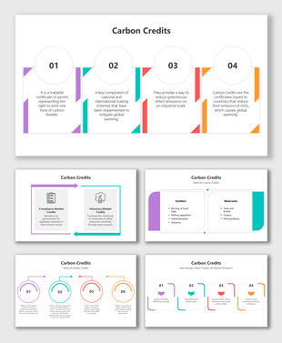 Carbon Credits slides with numbered blocks, flow arrows, split layouts, and colorful placeholders for credit types.
