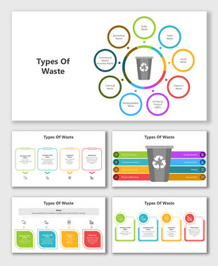 Types of Waste slides with circular charts, color-coded segments, bin icons, and structured content placeholders.