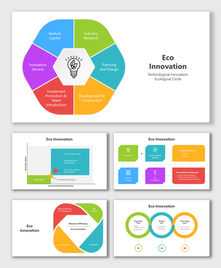 Eco innovation shown through circular, matrix, loop, and flowchart diagrams linking design, policy, and efficiency.