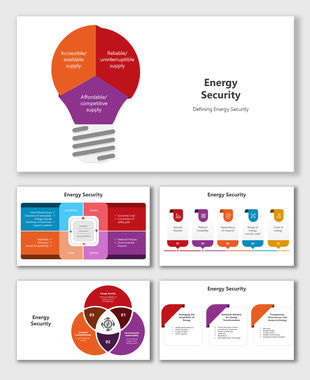 Energy security visuals use bulbs, grids, icons, and diagrams to show availability, affordability, risks, and strategies.