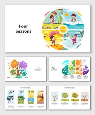 Circular and vertical visuals show kids, trees, and nature scenes changing across spring, summer, fall, and winter.