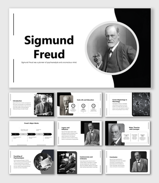 Sigmund Freud slide deck with monochrome layout, portraits, icons, and structured educational content blocks.