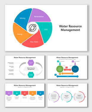 Water Resource Management slides with circular charts, flow diagrams, icons, and colorful strategy layouts.