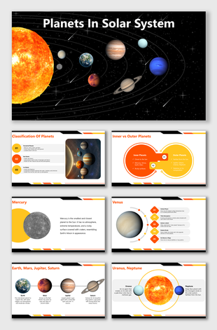Planets in Solar System slides with orbit visuals, planet charts, colorful diagrams, and structured comparison layouts.