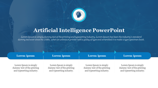 Futuristic AI PowerPoint template featuring a robot head and abstract background with text placeholders.