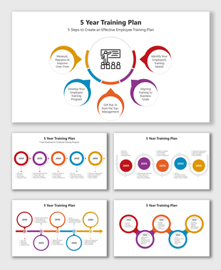 5 Year Training Plan slides with circular timelines, arrows, icons, and colorful flows for yearly milestones.
