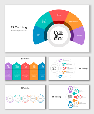 5S Training slides with colorful icons, flowcharts, radial layouts, and visual steps for workplace organization.