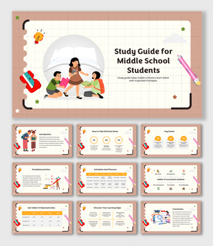 Study guide slides with student illustrations, grid layouts, icons, and planners for middle school learning.