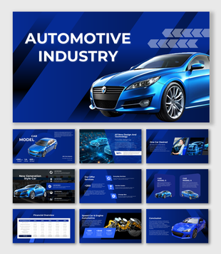 Modern car design, tech features, model stats, service options, and financials in a blue-themed Automotive Industry deck.