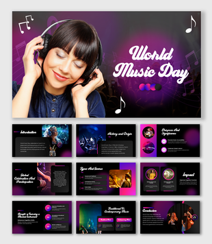 Joyful listener with headphones, music icons, and concert visuals highlight World Music Day celebration.