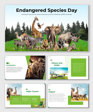 Wildlife-themed slides with green layouts, showing endangered species, conservation causes, and awareness visuals.