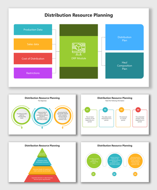Colorful DRP slides with icons, flowcharts, pyramid, and blocks visualizing planning stages and data flow.