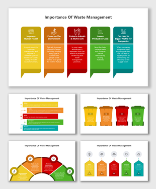 Importance of Waste Management visual with icons and bins showing health, cost, and environmental benefits.