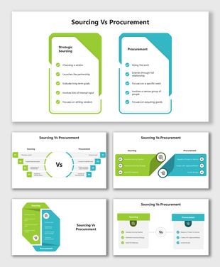 Sourcing vs Procurement slides with dual-color layouts, icons, checklists, and flow visuals for clear process comparison.