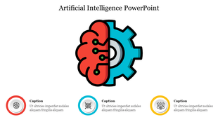 AI slide with a split brain and gear icon representing artificial intelligence and technology with caption areas.