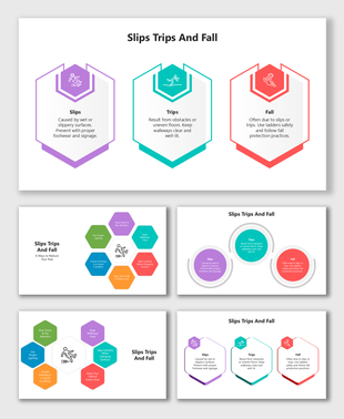 Slips, trips, and fall slides with icons, hexagons, and infographic layouts highlighting safety tips and prevention visuals.
