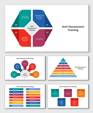 Anti-harassment training slides with goals, prevention, reporting tools, scenarios, tips, and training steps.