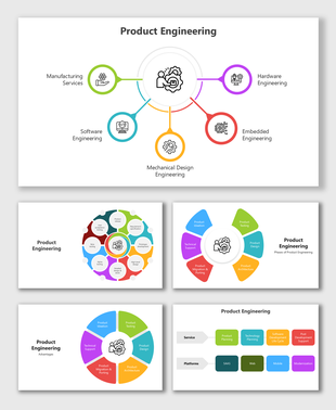 Product engineering slides with icons, circular diagrams, service blocks, and colorful segments showing phases and workflows.